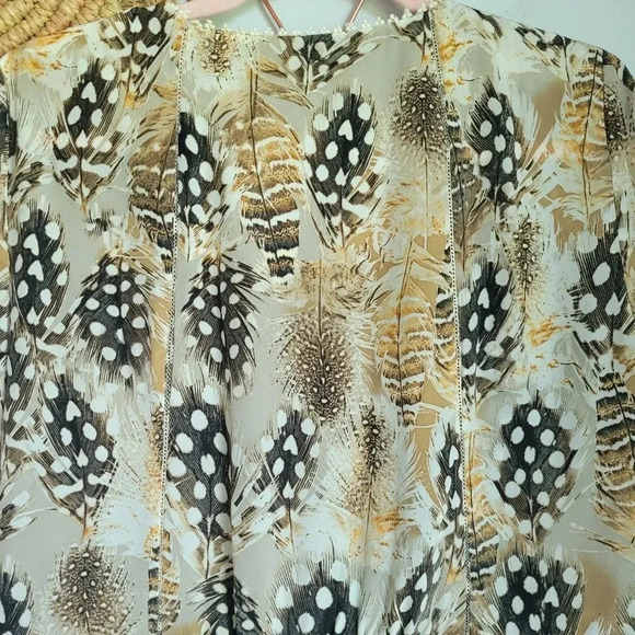Etcetera, Silk Taupe Feather Print Button Front Peasant Blouse Top, Size 12 - Picture 6 of 8